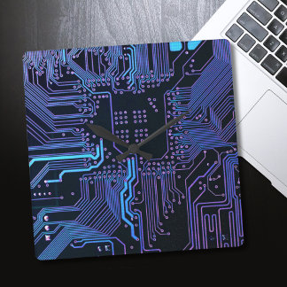 Cyber Blue PCB Circuit Board Trace Pattern Art Square Wall Clock