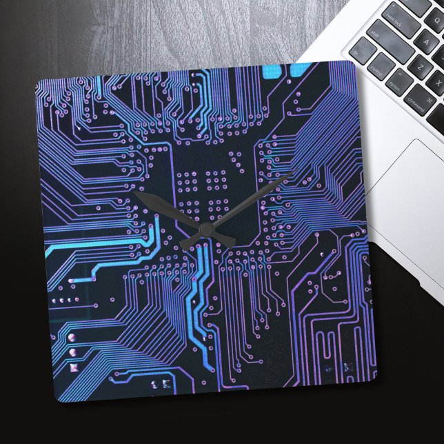 Cyber Blue PCB Circuit Board Trace Pattern Art Square Wall Clock (Creator Uploaded)