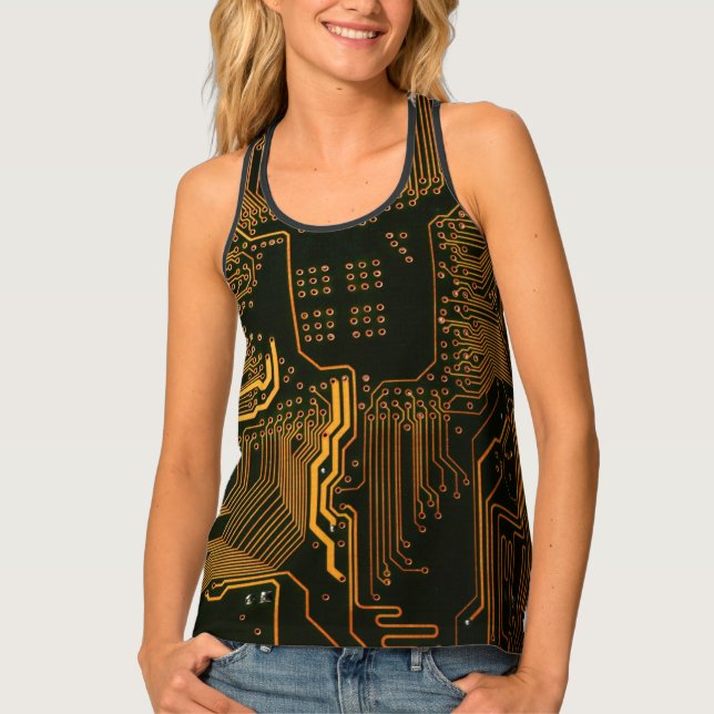 Cyber Blue PCB Circuit Board Trace Pattern Art Tank Top (Front)