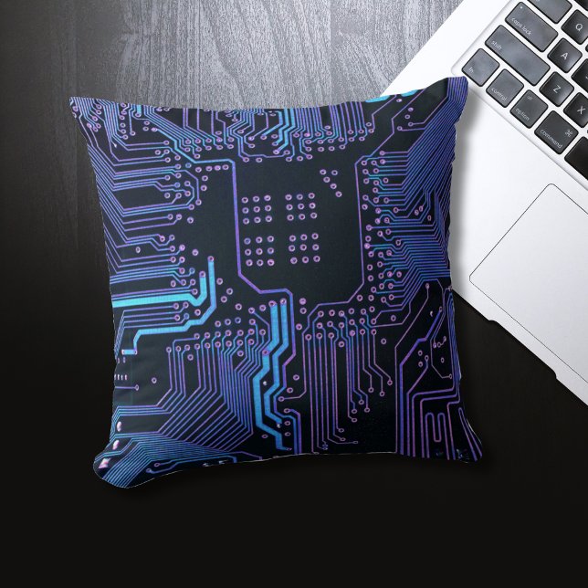 Cyber Blue PCB Circuit Board Trace Pattern Art Throw Pillow (Creator Uploaded)