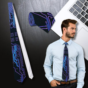 Cyber Blue PCB Circuit Board Trace Pattern Art Tie