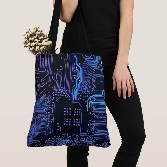 Cyber Blue PCB Circuit Board Trace Pattern Art Tote Bag (Close Up)