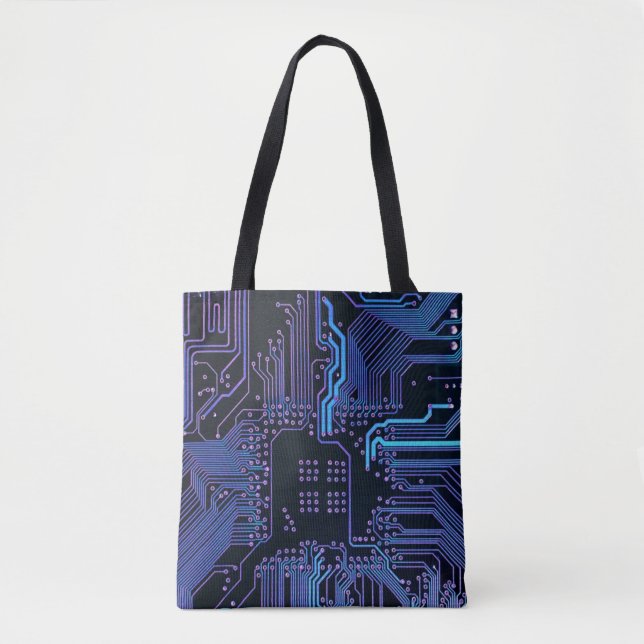 Cyber Blue PCB Circuit Board Trace Pattern Art Tote Bag (Front)