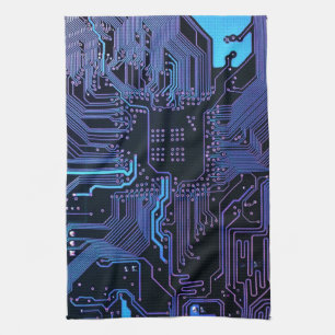 Cyber Blue PCB Circuit Board Trace Pattern Art Towel
