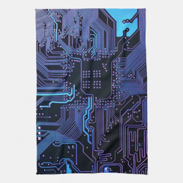 Cyber Blue PCB Circuit Board Trace Pattern Art Towel (Vertical)
