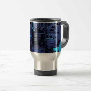 Cyber Blue PCB Circuit Board Trace Pattern Art Travel Mug