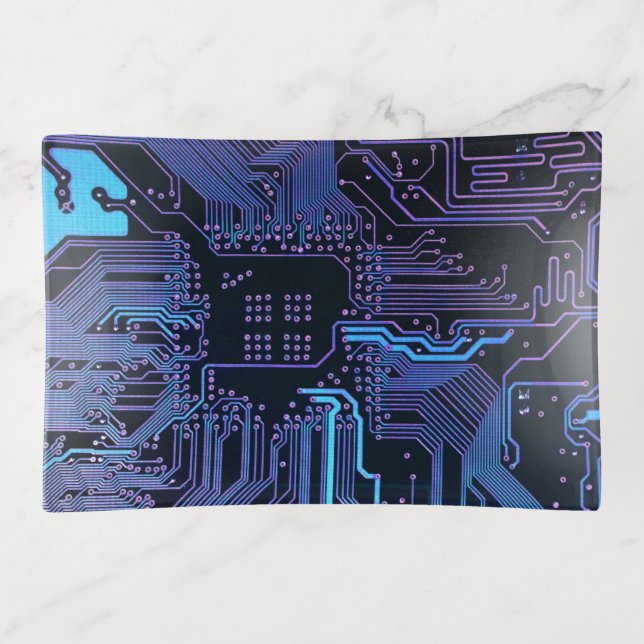 Cyber Blue PCB Circuit Board Trace Pattern Art Trinket Tray (Front)