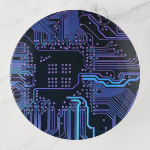 Cyber Blue PCB Circuit Board Trace Pattern Art Trinket Tray
