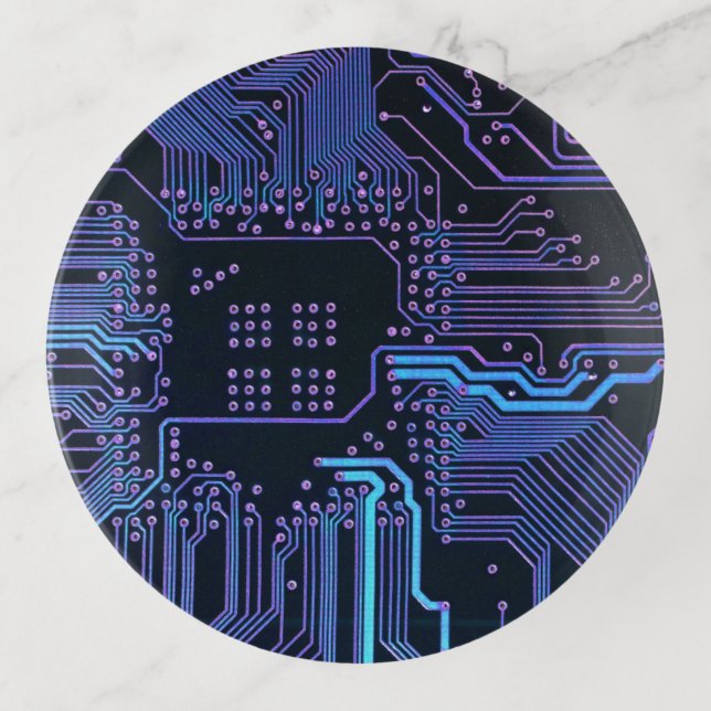 Cyber Blue PCB Circuit Board Trace Pattern Art Trinket Tray (Front)