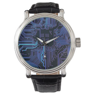 Cyber Blue PCB Circuit Board Trace Pattern Art Watch