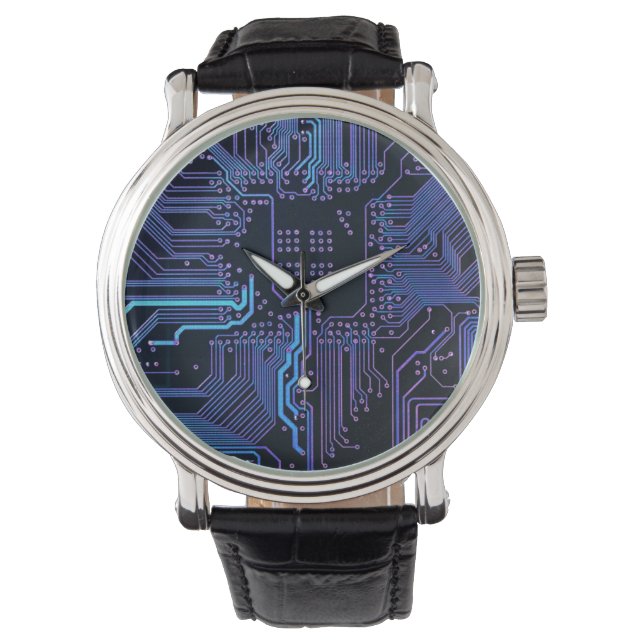 Cyber Blue PCB Circuit Board Trace Pattern Art Watch (Front)