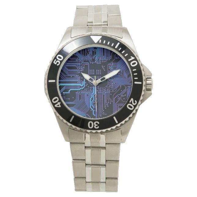 Cyber Blue PCB Circuit Board Trace Pattern Art Watch (Front)