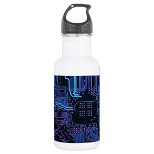 Cyber Blue PCB Circuit Board Trace Pattern Art Water Bottle