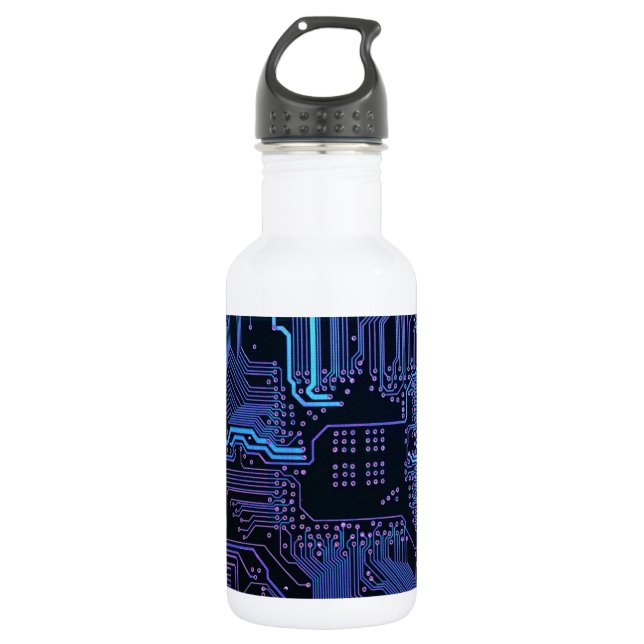 Cyber Blue PCB Circuit Board Trace Pattern Art Water Bottle (Front)