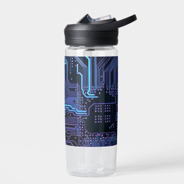 Cyber Blue PCB Circuit Board Trace Pattern Art Water Bottle (Left)