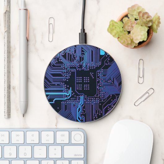 Cyber Blue PCB Circuit Board Trace Pattern Art Wireless Charger (Desk)