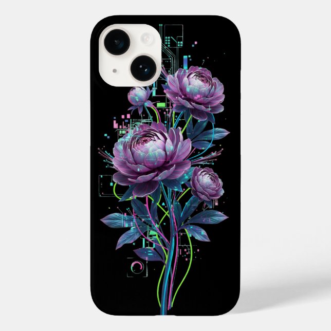 Cyber Botanical Neon Flowers Holographic Circuit  Case-Mate iPhone Case (Back)
