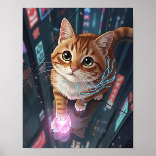 Cyber Cat Neon City Urban Tabby Feline Poster