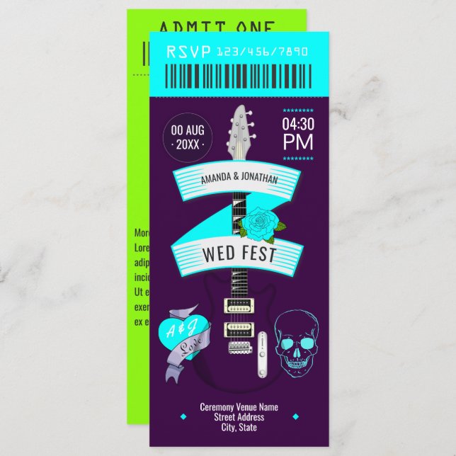 Cyber Cool Rock ’n’ Roll Wedding Ticket Invitation (Front/Back)