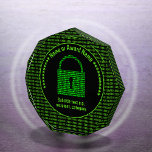 Cyber / Digital Achievement - Lock in Code Custom Acrylic Award<br><div class="desc">Best digital security company, cyber student achievement or infosec employee? This glowing lock created from binary one and zero characters is a winning design for IT related awards ceremonies, The stylish black and green color scheme resembles code on a terminal, and there are two lines of custom text to suit...</div>