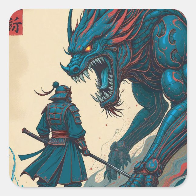 "Cyber Duel – Samurai vs Circuit Glyph Beast" Square Sticker (Front)