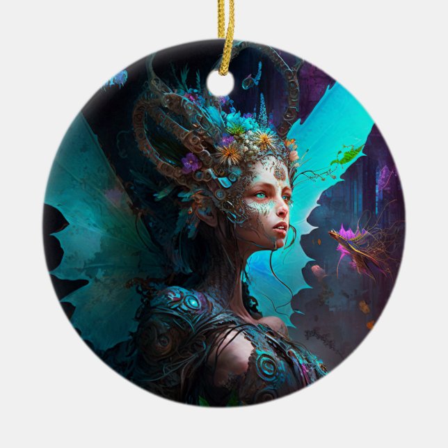 Cyber Fairy Fantasy Art Ceramic Ornament (Front)