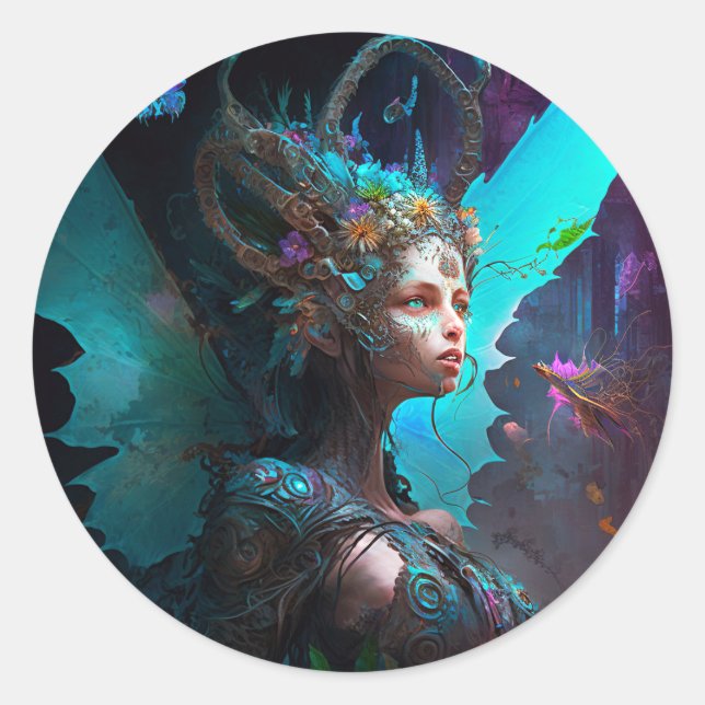 Cyber Fairy Fantasy Art Classic Round Sticker (Front)