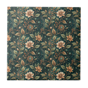 Cyber Floral Tech Circuit Botanical Flowers Design Ceramic Tile