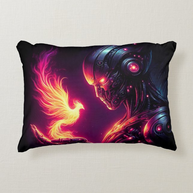Cyber Futuristic Robot Phoenix Fire Spirit Accent Pillow (Front)