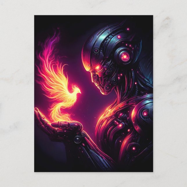 Cyber Futuristic Robot Phoenix Fire Spirit Announcement Postcard (Front)