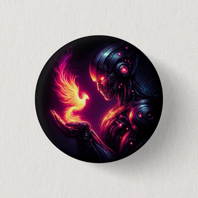 Cyber Futuristic Robot Phoenix Fire Spirit Button (Front)