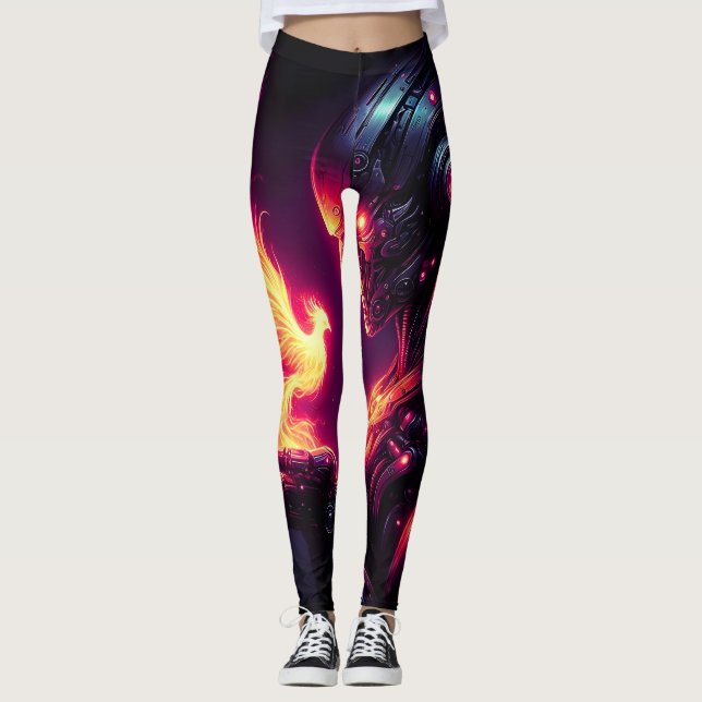 Cyber Futuristic Robot Phoenix Fire Spirit Leggings (Front)