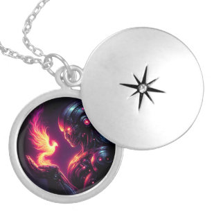 Cyber Futuristic Robot Phoenix Fire Spirit Locket Necklace