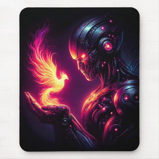 Cyber Futuristic Robot Phoenix Fire Spirit Mouse Pad (Front)