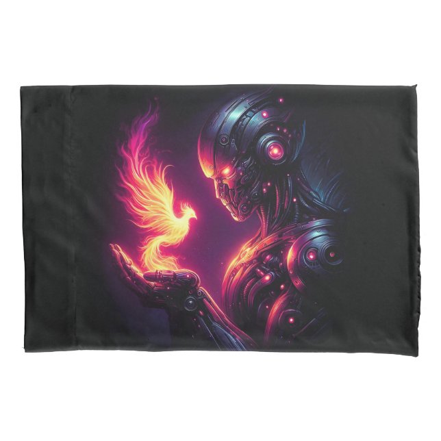 Cyber Futuristic Robot Phoenix Fire Spirit Pillow Case (Front)