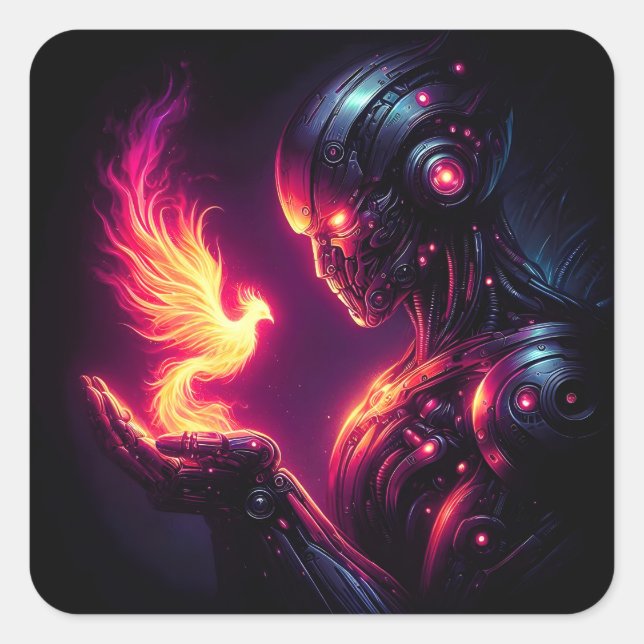 Cyber Futuristic Robot Phoenix Fire Spirit Square Sticker (Front)