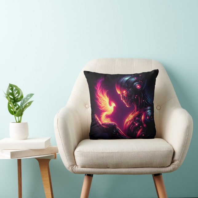 Cyber Futuristic Robot Phoenix Fire Spirit Throw Pillow (Chair)