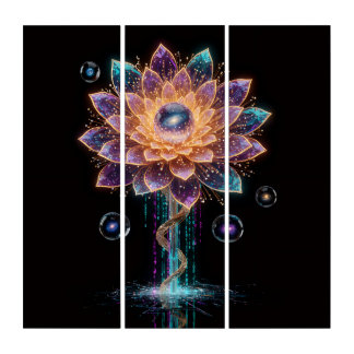 Cyber Galaxy Flower Digital Blooming Aura Tril Triptych
