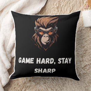Cyber Gorilla Gamer Black Orange Art Throw Pillow
