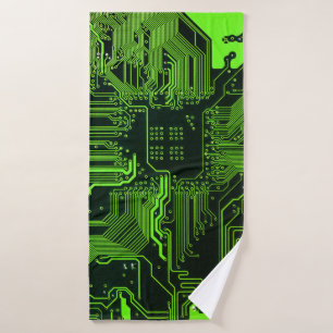 Cyber Green PCB Circuit Board Trace Pattern Art Bath Towel