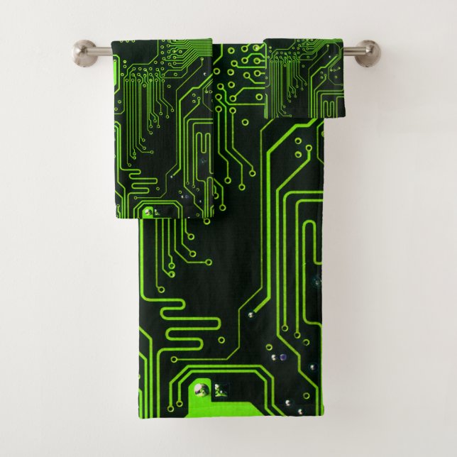 Cyber Green PCB Circuit Board Trace Pattern Art Bath Towel Set (Insitu)