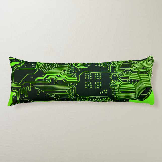 Cyber Green PCB Circuit Board Trace Pattern Art Body Pillow (Front)