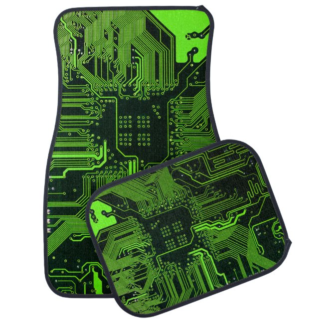 Cyber Green PCB Circuit Board Trace Pattern Art Car Floor Mat (Set)