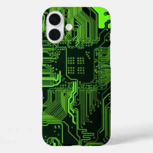 Cyber Green PCB Circuit Board Trace Pattern Art iPhone 16 Plus Case