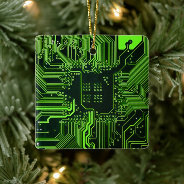 Cyber Green PCB Circuit Board Trace Pattern Art Ceramic Ornament (Tree)