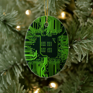 Cyber Green PCB Circuit Board Trace Pattern Art Ceramic Ornament