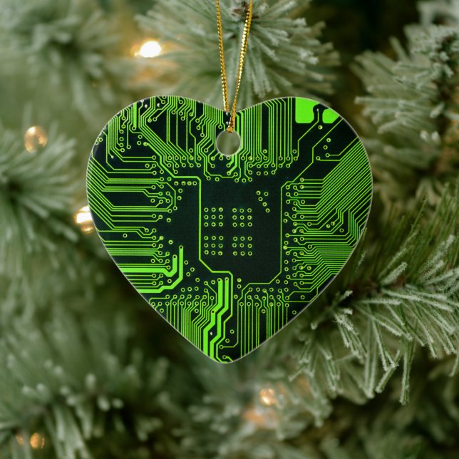 Cyber Green PCB Circuit Board Trace Pattern Art Ceramic Ornament (Tree)