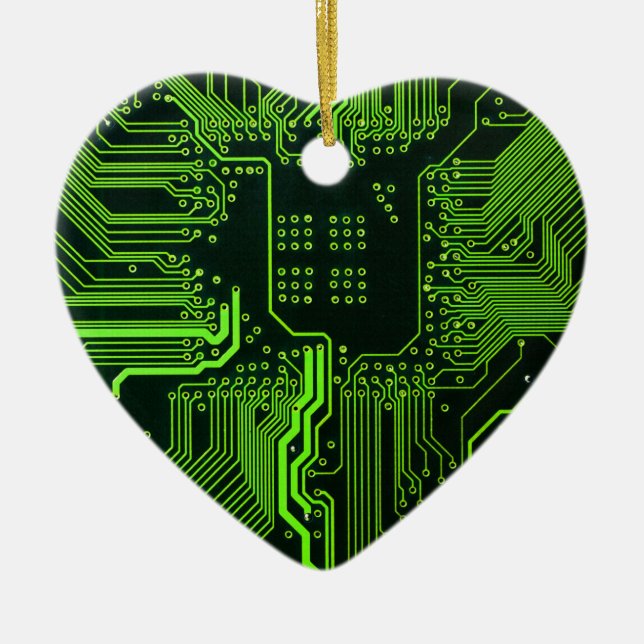 Cyber Green PCB Circuit Board Trace Pattern Art Ceramic Ornament (Front)