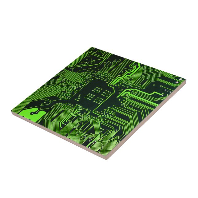 Cyber Green PCB Circuit Board Trace Pattern Art Ceramic Tile (Side)