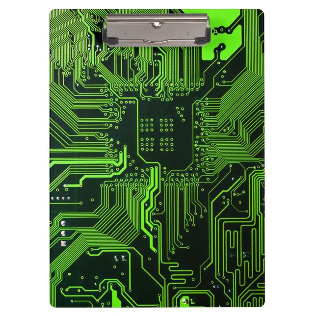 Cyber Green PCB Circuit Board Trace Pattern Art Clipboard (Front)